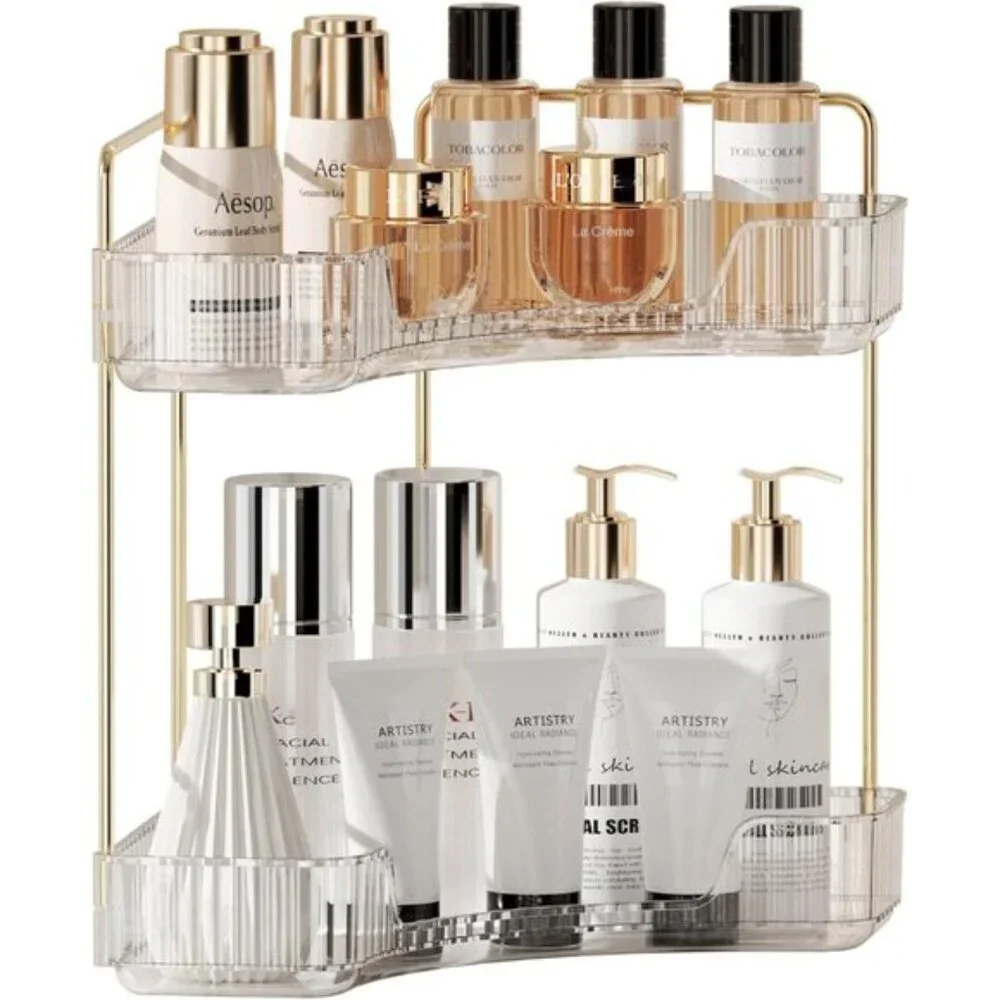 Clear White Corner Bathroom Organizer, 2-Tier Vanity Tray for Skincare & Makeup